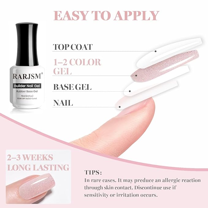 RARJSM Nude Light Pink Rainbow Glitter Rubber Base Coat Gel Nail Polish Natural Skin Tone Iridescent Shimmer Brush on Extend Jelly Gelpolish Soak Off Curing Requires 15ml Salon Home French Manicure