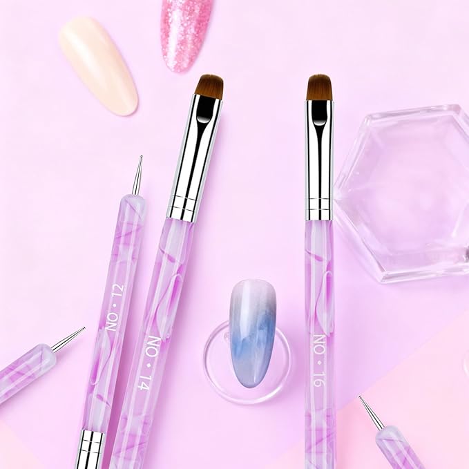 4Pcs Professional Nail Art Brushes Set,French Tip Brush & Nail Polish Clean Up Brush,10#/12#/14#/16# Sizes with Dotting Tool for Manicure Cuticle Detail Designs
