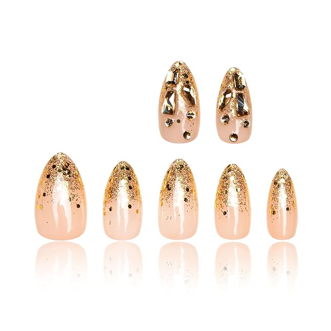 LOVFUL Press on Nails Chateau Glimmer | Handmade with Full Covered Crystals | Reusable Full Cover Nails | Almond Regular 1.0 in | P001-S