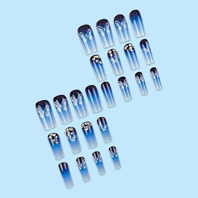 MISUD Press on Nails - Long Square Fake Nails with Blue Ombre, Acrylic Butterfly Design 24 pcs