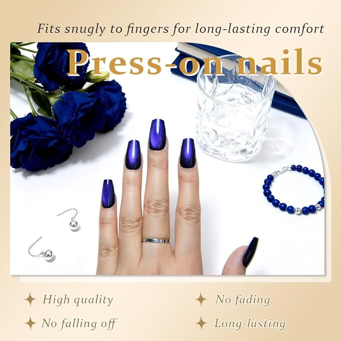 evpct Royal Blue Cat Eye Coffin Press on Nails Square Medium, Medium Square Stick on Nail for Women Gift, Royal Blue Metallic Glitter Glossy Reusable Soft Gel Press on Acrylic Fake Nails with Designs