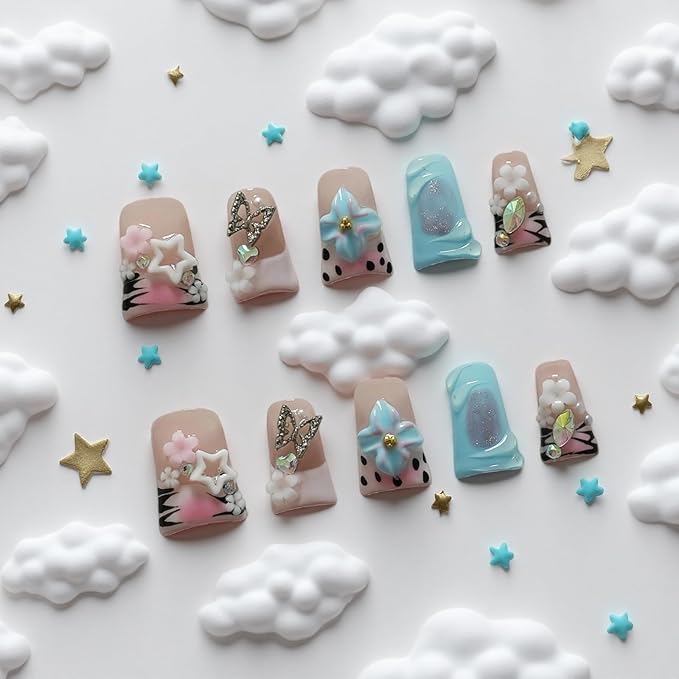 Short Duck Press on Nails - 3D Floral Metallic Butterflies False Nails with Pink French Tip & Leopard Print, Pearls Star Luxury Design, Reusable Thick Acrylic Full Cover (Dance Passion,L)