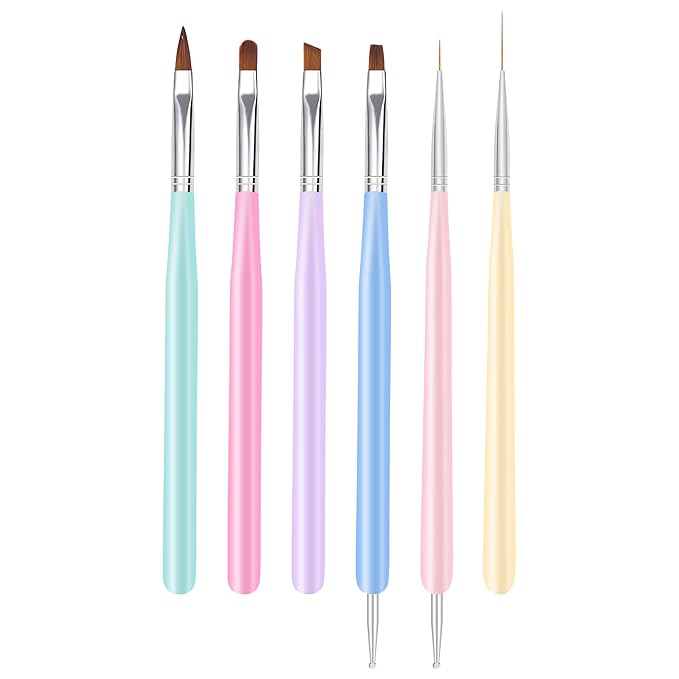 Nail Art Brushes, 6Pcs Nail Art Painting Tools with Nail Art Fine Liner Brush, Nail Design Painting Brushes Set, Builder Gel Brush, Nail Dotting Pen for Gel Polish Manicure Salon DIY, Multicolor