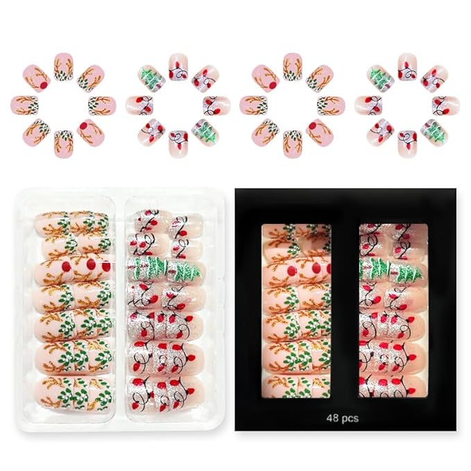 2 Packs 48Pcs Christmas Press on Nails Short Square Fake Nails Elk Antlers Acrylic Nails Christmas Glitter Designs French Ombre Nails Winter Xmas Glue on Nails Kid Set for Women Girls Decoration