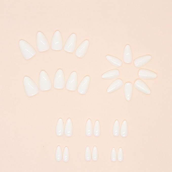 Press on Nails Pure White Short Almond Fake Nails Glossy Acrylic Nails Full Cover Glue on Nails Milky White Nail Art Design Solid Color Stick on Nails for Women 30 Pcs Artificial Nails