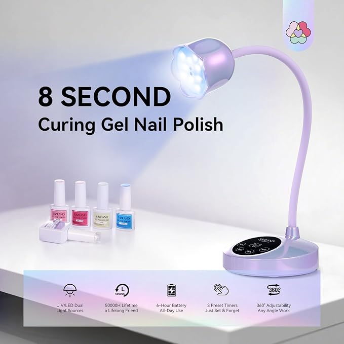 SAVILAND Advanced 30W UV Nail Lamp: Purple Gel Nail Lamp Cordless U V Light for Gel Nails Smart Sensor LED Flash Cure Lamp lampara led para uñas Profesional Gooseneck 8S Fast Cure Nail Salon Manicure