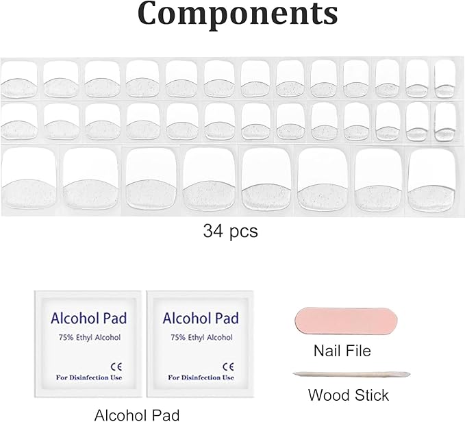 34 Pcs Semi Cured Gel Toe Nail Strips White French Tip Gel Nail Stickers Full Cover Nails Wraps Glitter Toe Nails Polish Strips Stickers for Women UV/LED Light Required