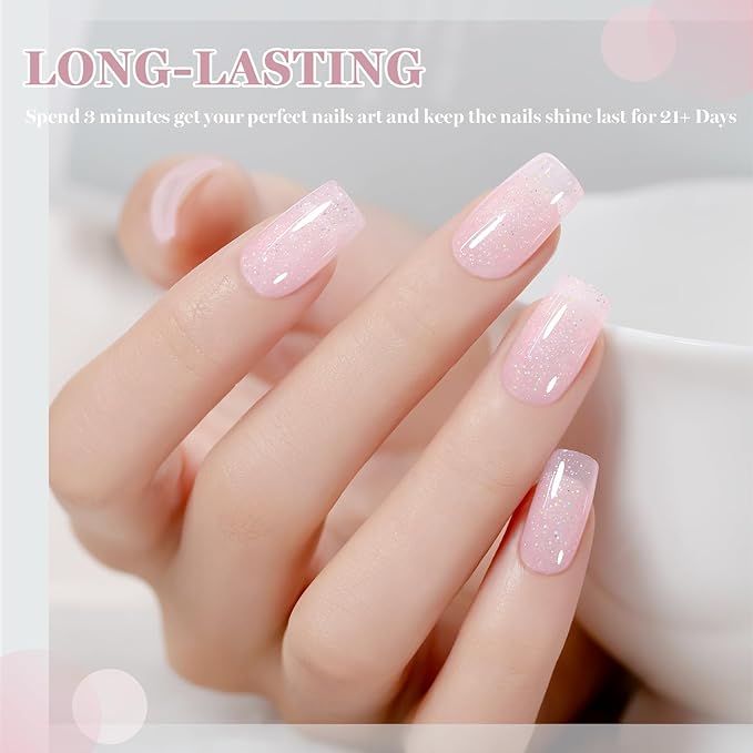 RARJSM Nude Pale Pink Rainbow Glitter Rubber Base Coat Gel Nail Polish Natural Skin Tone Iridescent Shimmer Brush on Extend Jelly Gelpolish Soak Off Curing Requires 15ml Salon Home French Manicure