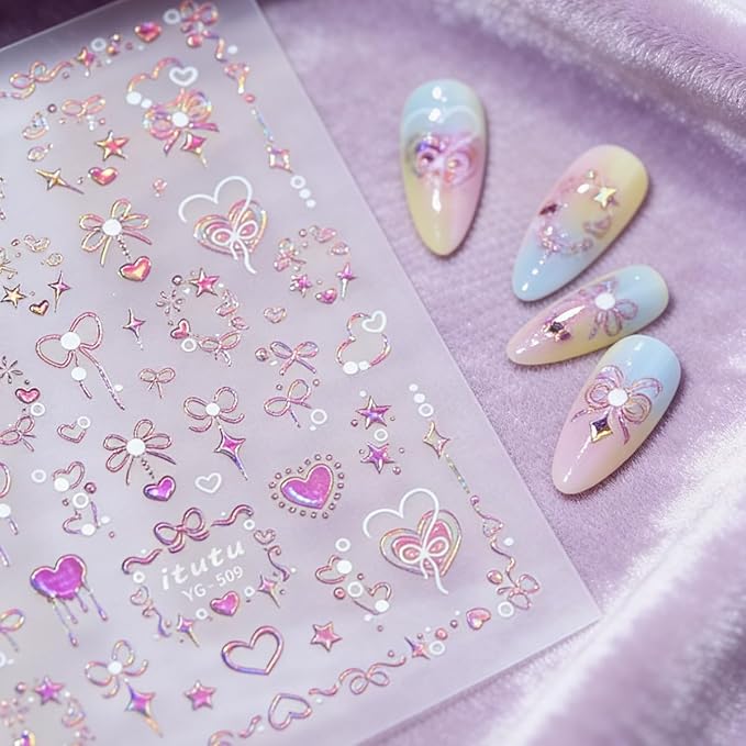 5D Embossed Pink Nail Stickers for Nail Art Self-Adhesive Valentines Day Nail Art Stickers 3D Laser Bow Love Star Designs Heart Nails Art Supplies Cute Nail Decals for Women Manicure Decorations DIY