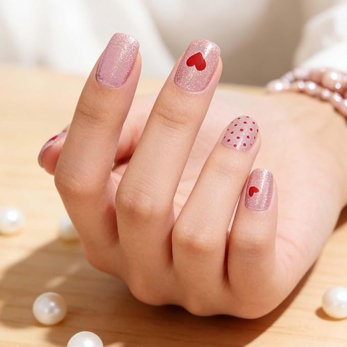 Semi Cured Gel Nail Strips - Red Hearts & Polka Dots with Pink Shimmering Base, At Home Nail Art, Romantic DIY Manicure Kit, Salon Quality Gel Nails