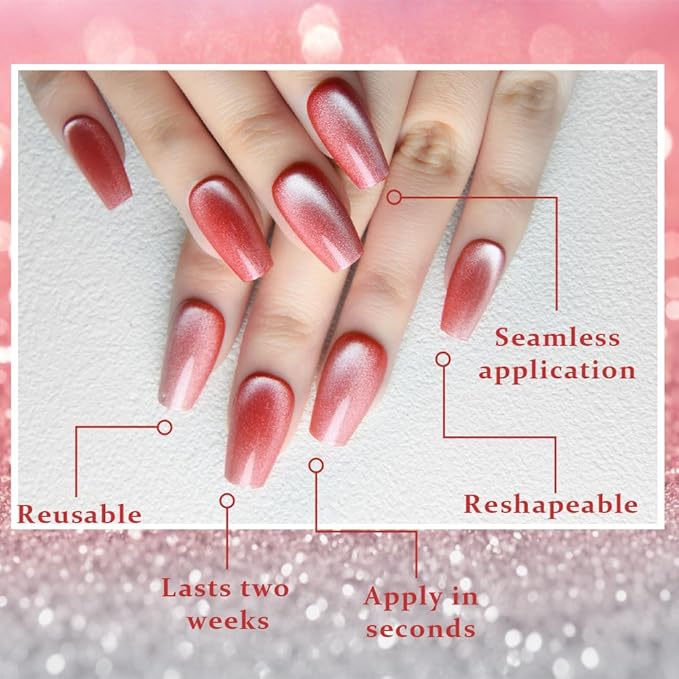 evpct Red Pink Cat Eye Coffin Press on Nails Square Medium, Medium Square Stick on Nail for Women Gift, Red Pink Metallic Glitter Glossy Reusable Summer Soft Gel Press on Acrylic Fake Nail with Design