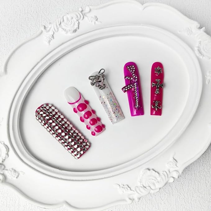 2025 Long Novel Design Pink Tracks Reusable Handmade PMMA Acrylic Press on Nails w/Box Gifts for Women