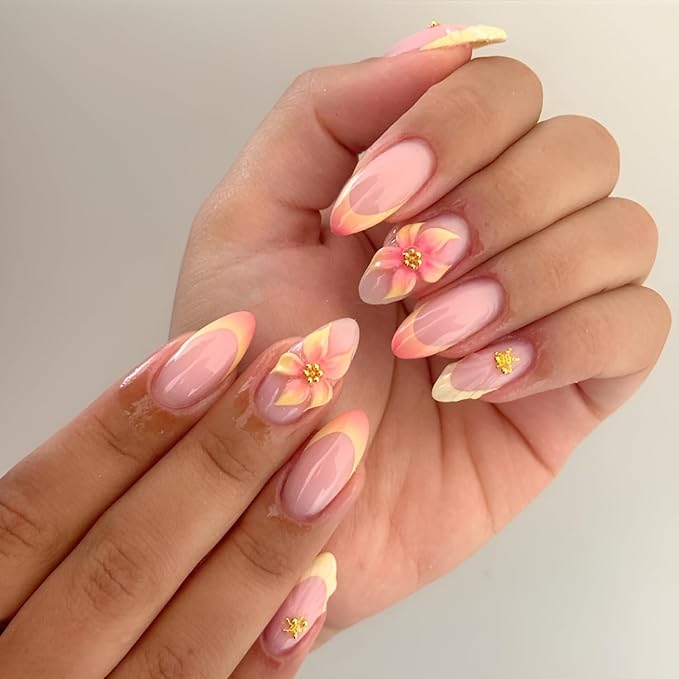 French Tip Fake Nails Medium Almond Press on Nails Flower Nails Press Ons with Rhinestones Design Glossy False Nails Pink Yellow Glue on Nail Gradient Stick on Nail for Women 24Pcs