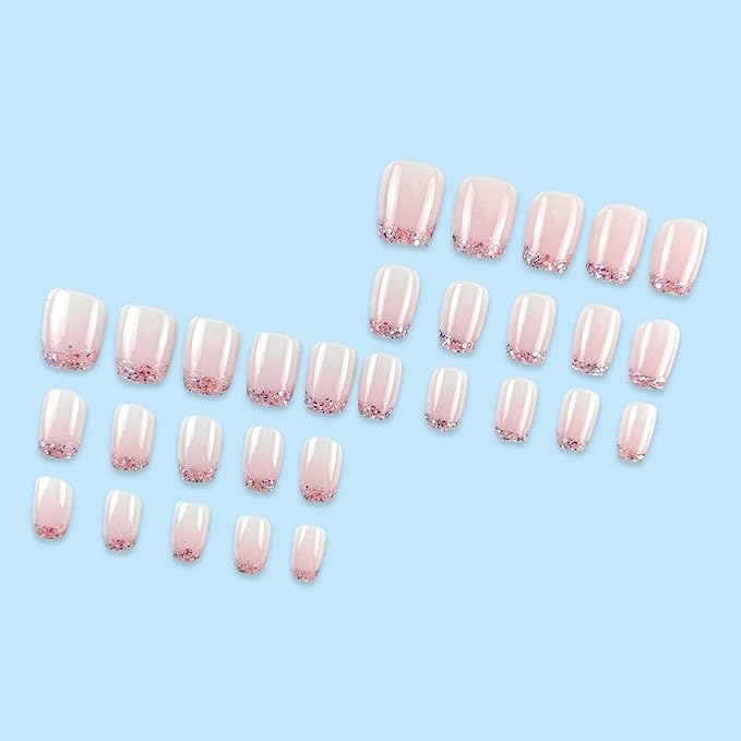 Pink French Tip Press on Nails Short Coffin OFDNE Petite Fake Nails False Nails with Designs Glitter Full Cover Glossy Glue on Nails French Manicure Acrylic Nails for Women Girls 24Pcs