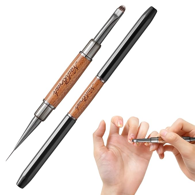 Acrylic Nail Brush,Double-ended Nail Brush French Tip Brush,Nail Art Painting Brush for Long Lines,Thin Details, Fine Drawing,Builder Gel,Polygel (Short square round brush+8mm Line brush)