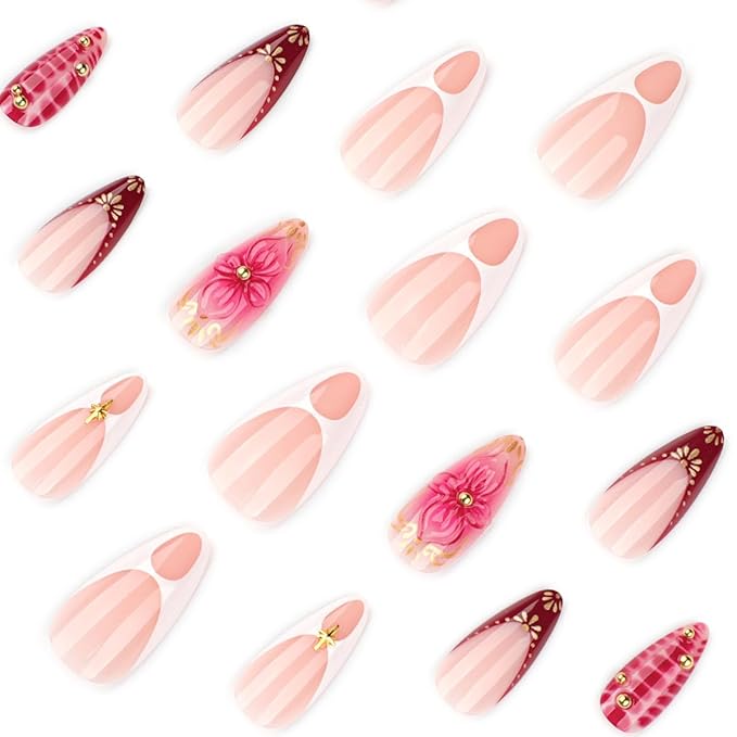 Medium Press on Nails Almond,Spring Summer Fake Nails,Red Nails Press ons with Crocodile,Gold Star,Lines,Beads Design,Reusable Artificial Nails,Easy Apply Manicure Kit for Women 24Pcs