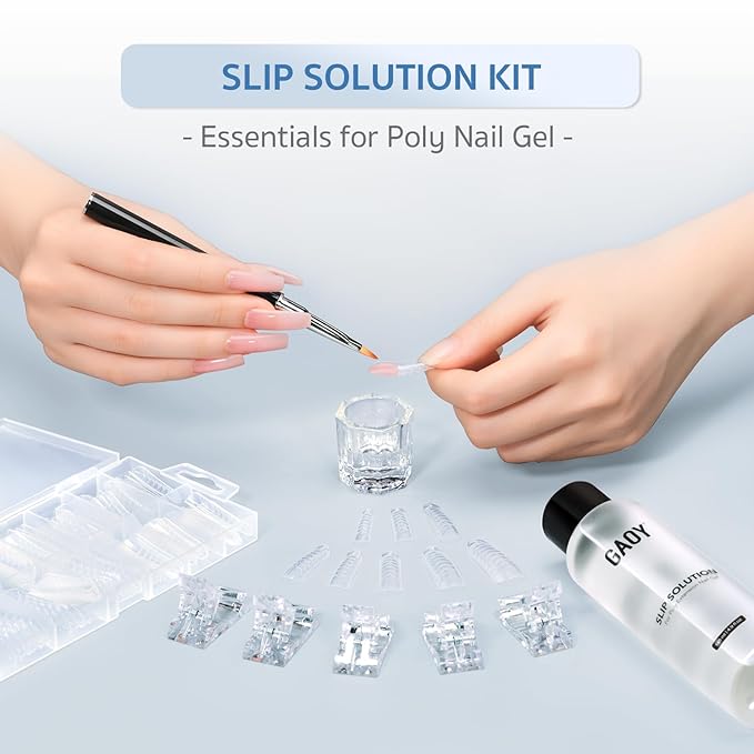 GAOY Slip Solution Kit for Poly Gel Nails, 145ml Nail Extension Gel Liquid Solution, Anti-stick Liquid with Brush and Dual Forms for Nail Art DIY