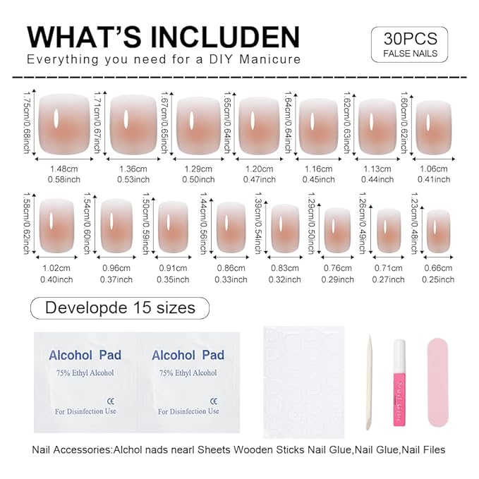 Brown Nude Ombre Press On Nails Short Square, Gradient French Tip Designer Fake Nail Reusable Real Acrylic Nails for Women, Glossy Soft Gel False Nail with Glue On Nails,Wedding Stick On Nail