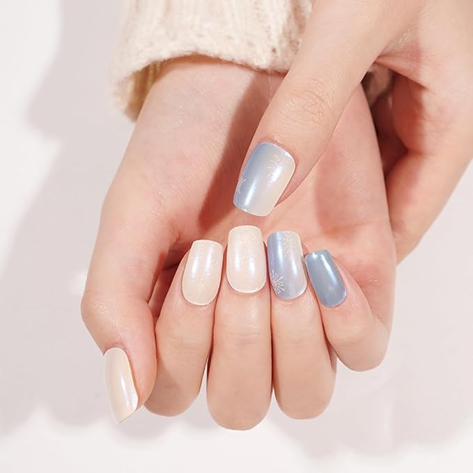 Christmas Semi Cured Gel Nail Strips - 20Pcs Snowflake UV Gel Nail Wraps, Long Lasting Salon-Quality Stickers, Includes Nails File & Wooden Stick - UV/LED Lamp Required