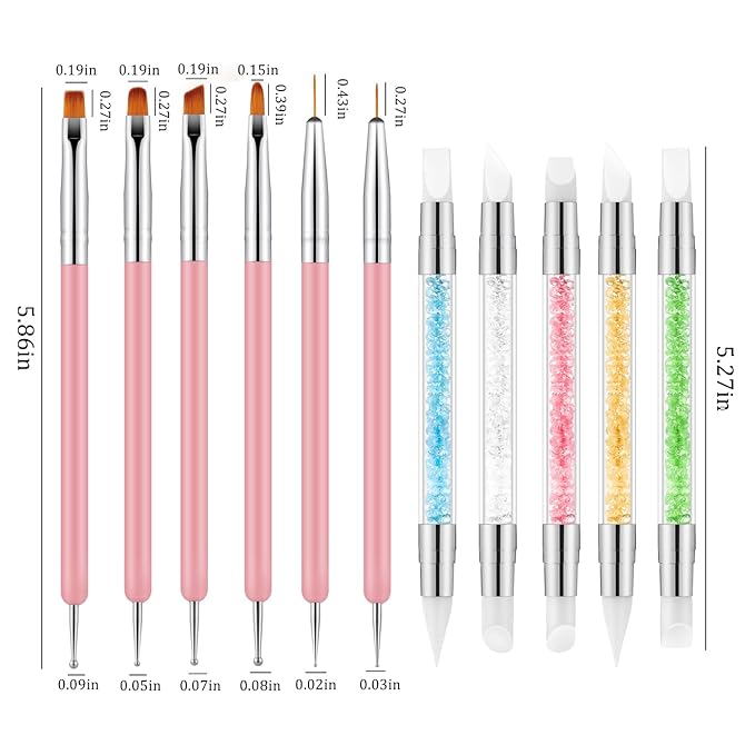 11PCS Nail Art Brushes & Nail Dotting Tools,Double Ended Tipped Silicone Nail Tools,Gel Polish Brush,Liner Brush,Dotting Pen for Home Salon DIY Kit (Pink)