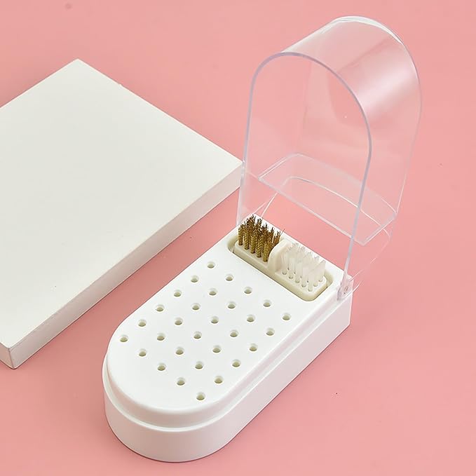 HURRISE Nail Drill Bit Holder,Nail Drill Bit Display Box Nail Drill Bit Storage Plastic 30 Holes Transparent Portable Nail Drill Bit Holder with Cleaning Brush (White)