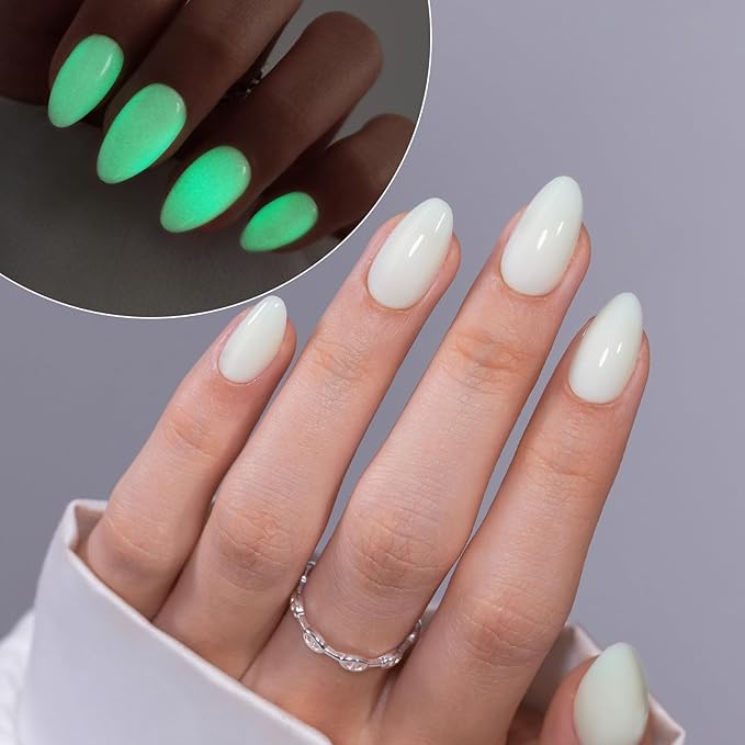 Pastel Beige Press on Nails Almond - SHANGMENG Glow in The Dark Short Nails for Women, Seamless Fit & Glossy Soft Gel Glue On Nails in 16 Sizes - 32 Fake Nails Kit with Glue, Enchanted Lumen