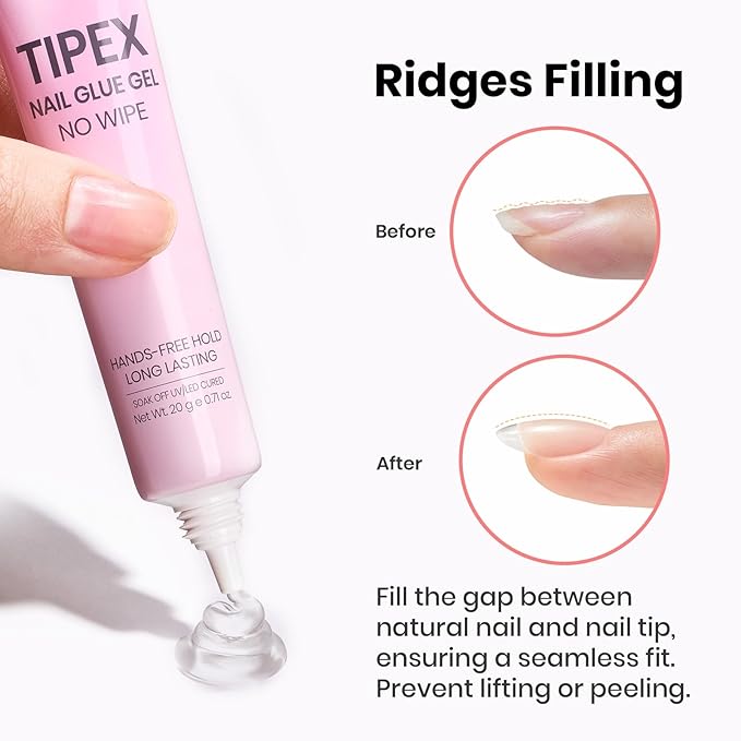 Beetles 20g Tipex Nail Glue Gel, No Wipe & No-Need-to-Hold, Designed for Tipex Instant Apex Nail Tips, Flat-Nail Friendly, DIY & Salon Use, UV/LED Cured