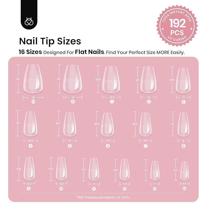 Beetles Tipex Instant Apex Nail Tips, Coffin Short, 16 Sizes (00–14), 192pcs, Built-In Apex, No Builder Gel Required, Thicker Strong Acrylic Tips for DIY Nail Extensions