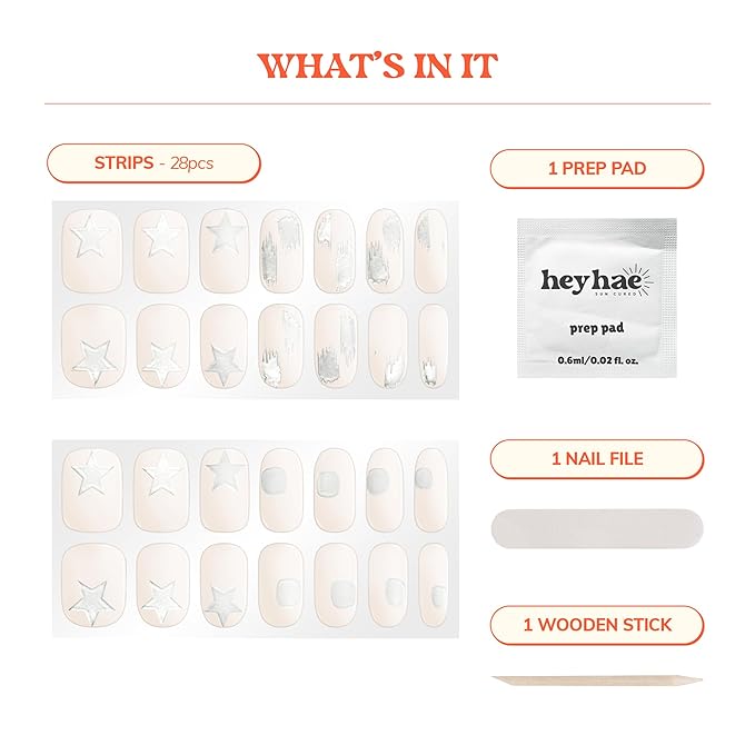 Heyhae Semi Cured Gel Nail Strips | No LED Lamp Needed | Glitter, White, Spring | Easy Apply & Remove, Salon Quality |Includes 28 Strips, 1 Prep Pads, Nail File & Wooden stick - Hey, Lunch & Pictures?
