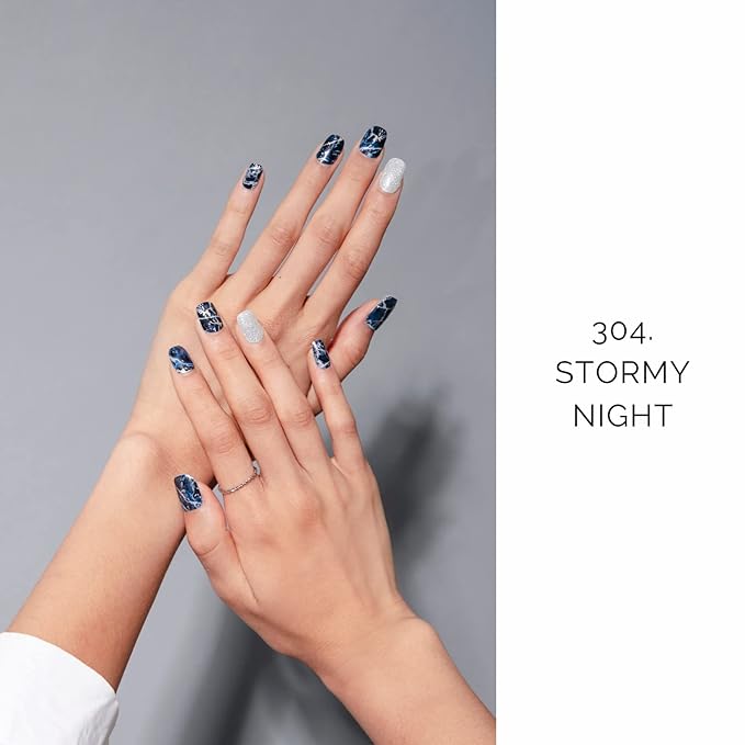 NAILOG Semi Cured Gel Nail Strips (20 Extra Long Polish Stickers/Wraps) │ Glossy & Long Lasting Soft Gel Finishing (Stormy Night)