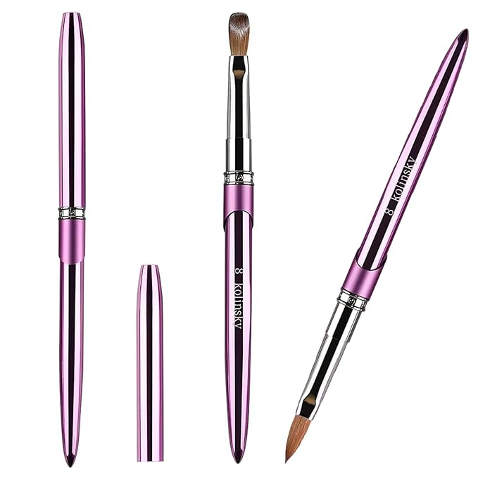 Acrylic Nail Brush Size 8#, 100% Pure Kolinsky Hair Acrylic Crystal Hot Purple with Silver Ferrule Round Shaped for Women Girls Manicure Tools Accessories
