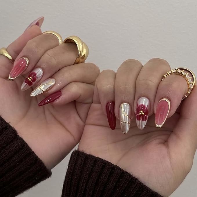 Burgundy and Gold Press on Nails Almond Fake Nails Fall False Nail Press ons with Red Flower,Gold Metallic Design Reusable Artificial Nail Glossy Full Cover Stick on Nails for Women Manicure 24 Pcs