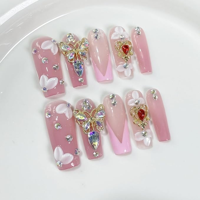 Handmade Press on Nails Flower Press on Nails Pink French False Nail 3D Rhinestones Butterfly Designs Long Coffin Fake Nails Full Cover False Nails Acrylic Nails for Women Art Manicure (Size S)