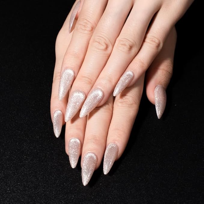Press On Nails - Diamond Shine | Artsy Series | Beautiful White Silver Velvet Glitter Nails | Medium Long Almond Nails for All, 24 Pcs Reusable Nails