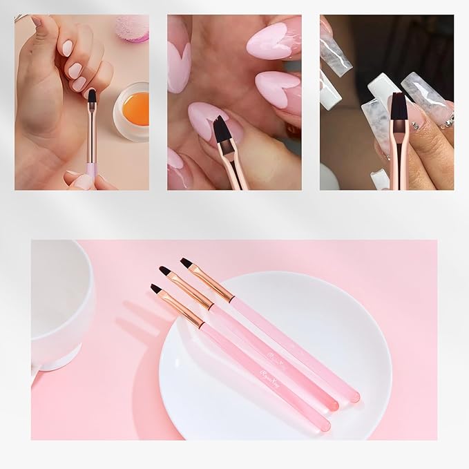 Nail Art Clean Up Brushes - 3Pcs Nail Art Brush Set with Flat/Oval/Fine Angled Gel Brush, Nail Extension Tool for Professional DIY Home Salon(Clear Pink)