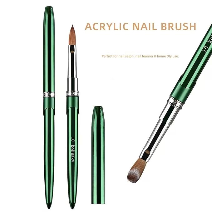 100% Kolinsky Nail Art Brushes Acrylic Nail Brushes Pure Kolinsky Hair Acrylic Crystal Chrome Green Handle with Silver Ferrule Round Shaped for Women Girls Manicure Tools Accessories-Size 10