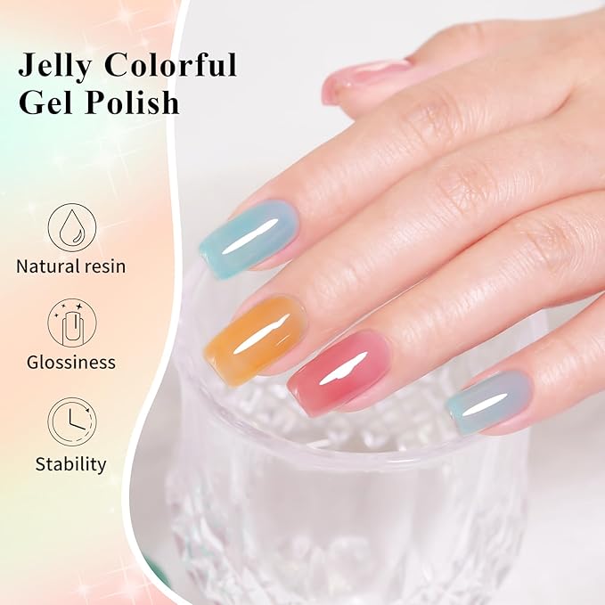 10ml Hema Free Gel Nail Polish Set, 6 Colors Transparent Jelly Gel Polish Kit Summer Sheer Colorful Pink Red Cyan Coral Color Gift for Art DIY and Salon
