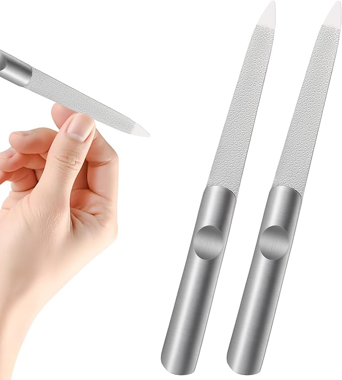 2pcs Metal Nail File, Double-Sided Precision Diamond Nail File, Stainless Steel Nails Files for Family Salons or Travel Trimming and Polishing Natural Acrylic Fingernail Toenail Files
