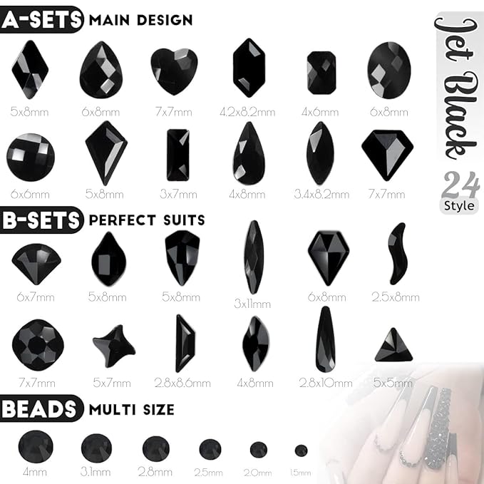 24 Styles Jet Black Nail Rhinestones Multi Shapes Flatback Gems Round Beads K9 Glass Crystals Stones Diamonds Jewels Nail Art Charms Supplies for Nails Face Eyes Makeup Crafts Tumblers Bottles