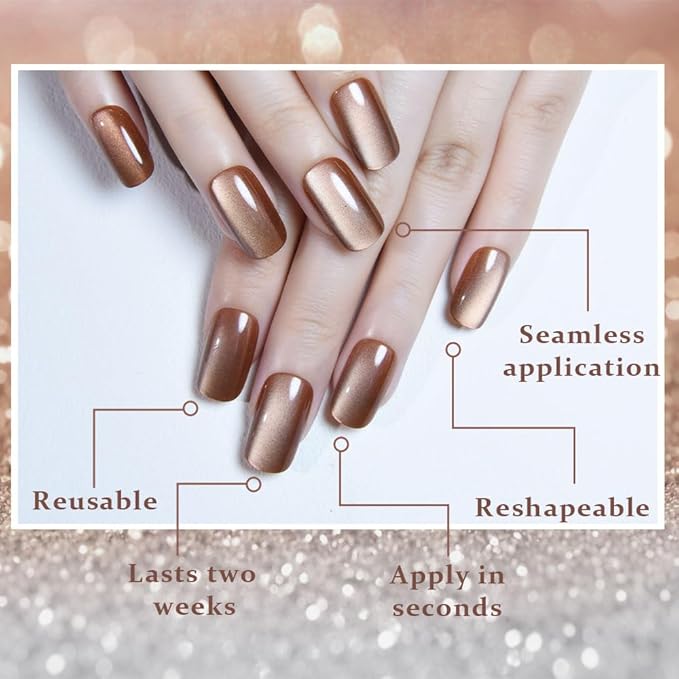 Cat Eye Nude Brown Press On Nails Medium Long Length Square, Designer Reusable Acrylic Fake Nail with Glue, Glossy Gel Nails Wedding Party, Stick On Glue On Nail, Nails Press Ons for Women