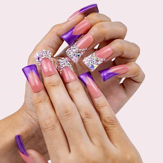10 Pieces Handmade Luxury Metallic Electric Purple Shimmer With AB Crystal Shine Long Press On Nails With Bling Rhinestones And Y2K Princess Vibes, Reusable Acrylic Nails (L)