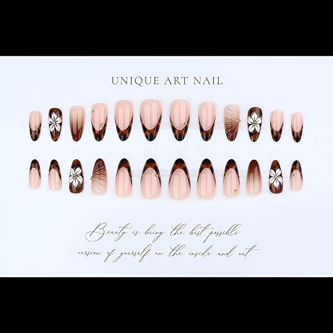 24Pcs French Tip Fake Nails Medium Almond Press on Nails Brown Glossy Glue on Nails 3D Flower False Nails with Rhinestones Design Leopard Print Stick on Nail for Women Decorations Set