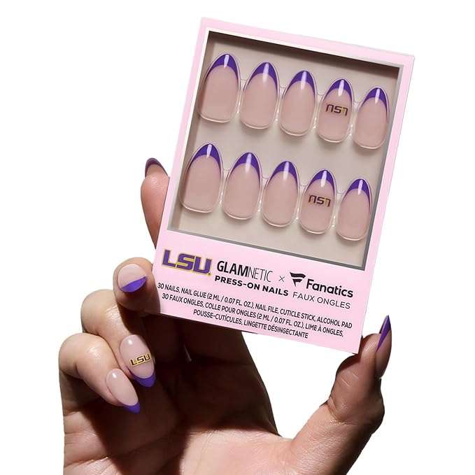 Glamnetic x Fanatics Press On Nails - LSU Tigers | Short Almond Fake Nails, Collegiate Tigers Purple French Tips, College Nails, Salon-Quality | 15 Sizes - 30 Nail Kit with Glue