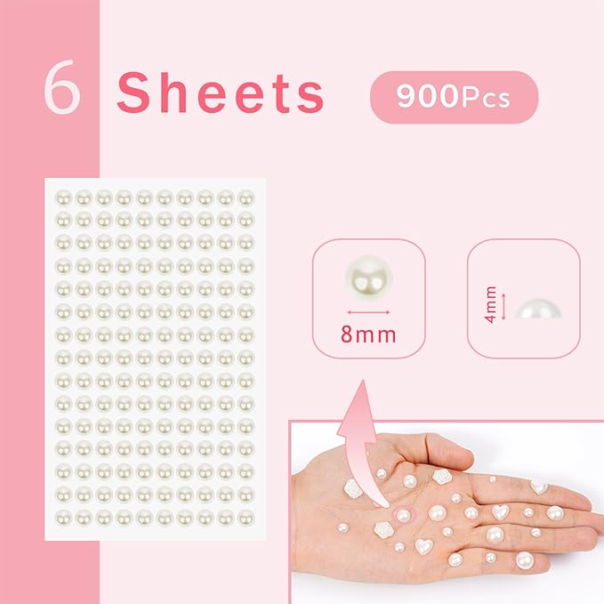 900PCS Pearl Stickers Pearls for Crafting - Self Adhesive Pearls for Hair Face Makeup Eye Nail Crafts, Stick On Gems (6 Sheets, 8mm Round)