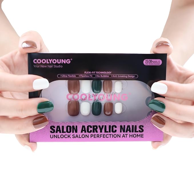 Press On Nails Short, Chic Mixed-Color Nails Press Ons - Dark Green, Brown, White, Square Shape, Acrylic Fake Nails for Women, 25 PCS Handmade Press On Nails