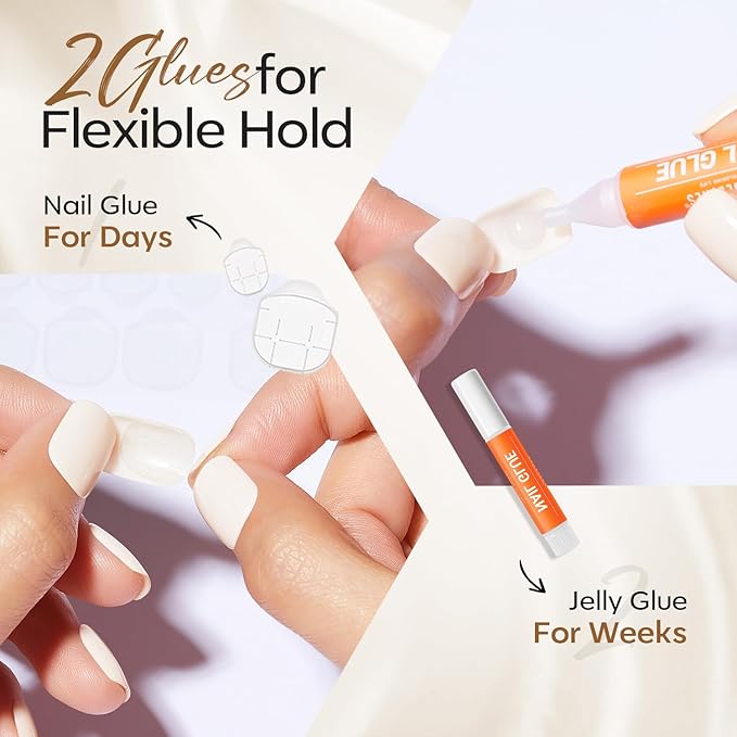 Modelones French Tip Press on Nails Almond, Short Almond Fake Nails, Semi-Transparent Soft Nail Kit with Nail Glue Adhesive Tabs Nail File, Spring Nails Press Ons 30Pcs 15 Sizes, Starlight