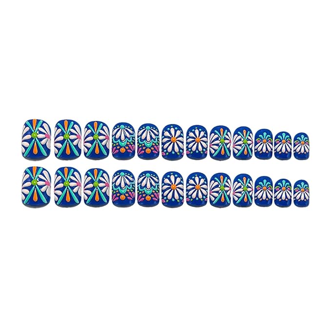 3D Flower Press on Nails Short Square Fake Nails with White Daisy Designs Blue False Nail Spring Summer Floral Stick on Nail for Women 24Pcs