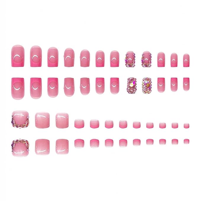 48Pcs Square Press on Nails Short & Press on Toenails Set, Pink French Tip Press on Nails with Rhinestone Design Fake Nails Short Press on Toe Nails for Women Manicure Kit