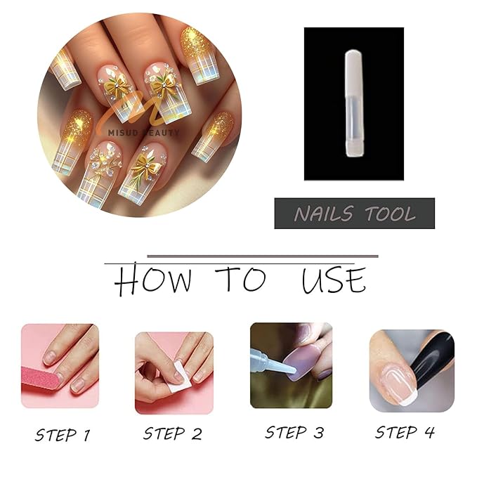 MISUD Press on Nails - Long Square Fake Nails with Bling Gold Glitter, Acrylic Plaid Bow Design 24 pcs