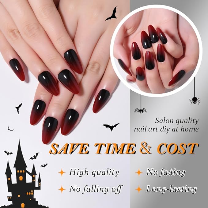 evpct Press on Nails Short Almond Ombre Design, Black to Blood Red Ombre Glossy Artificial Acrylic Fake Nails Reusable with Kit, Perfectly Fit Stick on Full Cover Soft Stick on False Nail for Women